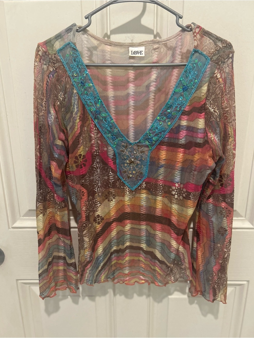 Love Amour Multicolor Sheer Striped V-Neck Top with Turquoise Embellished Trim